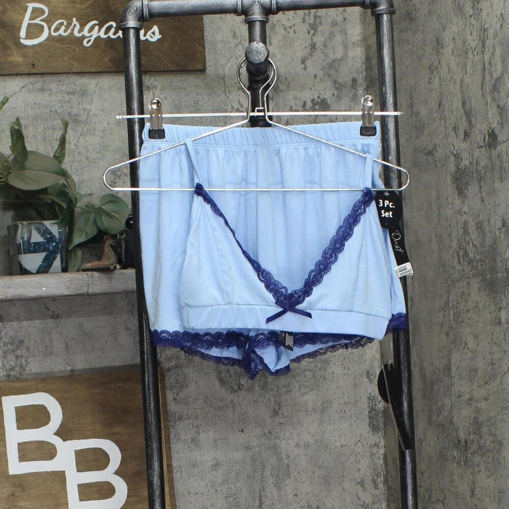 NEW Star Dust Womens Knit 2-Piece Bralette Shorts Pajama Set Light Blue M